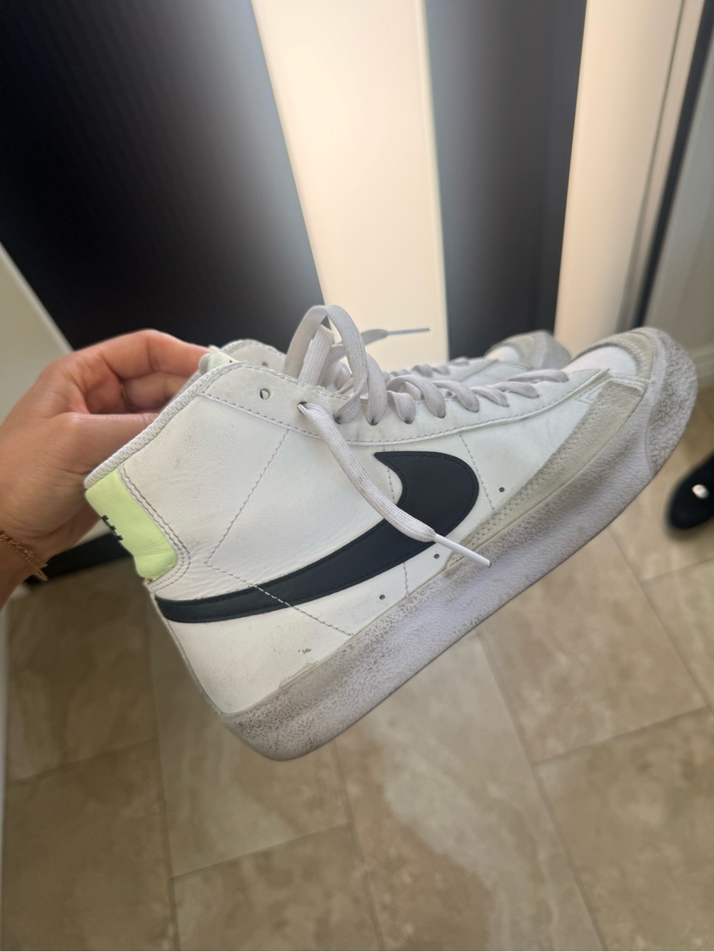 Nike White Black High-Top Sneakers with Neon Yellow Heel Accent